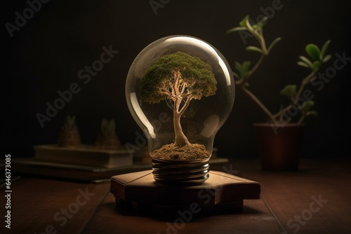 Artwork depicting a tree growing inside a light bulb, promoting eco-friendly practices and fighting global warming. Generative AI