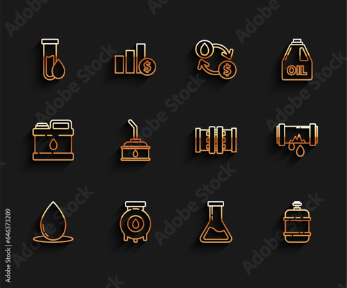 Set line Oil drop, petrol test tube, Test flask, Propane tank, Canister for motor machine oil, Broken metal pipe with leaking water and Industry metallic pipes valve icon. Vector