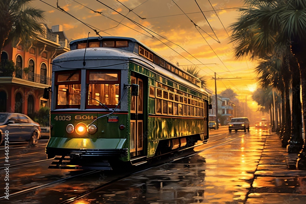 Transportation scene in vibrant New Orleans, Louisiana. Generative AI