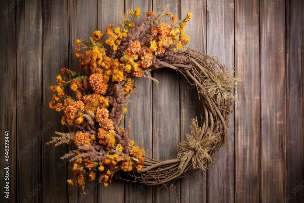 rustic wooden background with a handmade fall wreath rustic wooden background with a handmade fall wreath