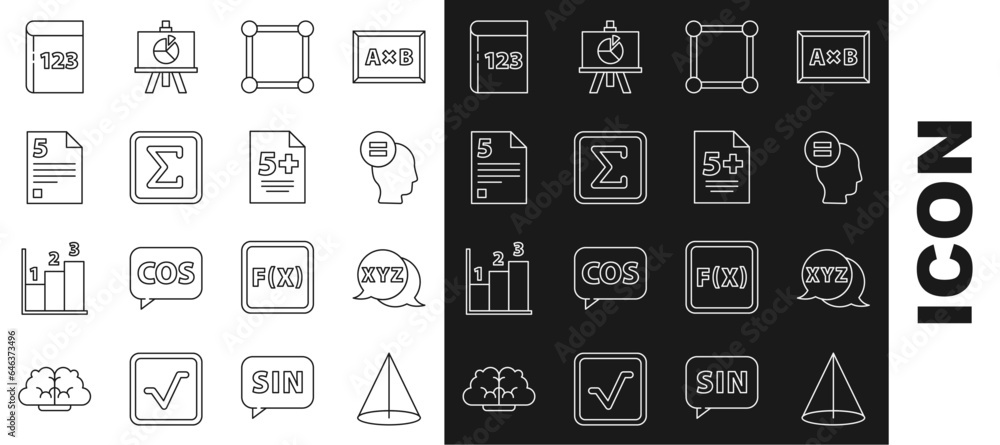 Set line Graph, schedule, chart, diagram, Calculator, Test exam sheet, Chalkboard with, Geometric figure Square, Infinity, and pen and icon. Vector Set line Graph, schedule, chart, diagram, Calculator, Test exam sheet, Chalkboard with, Geometric figure Square, Infinity, and pen and icon. Vector
