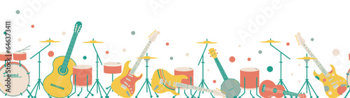 Vector long banner with musical instruments. Rock band includs drum, cimbals, electric guitars or amps, banjo, ukulele