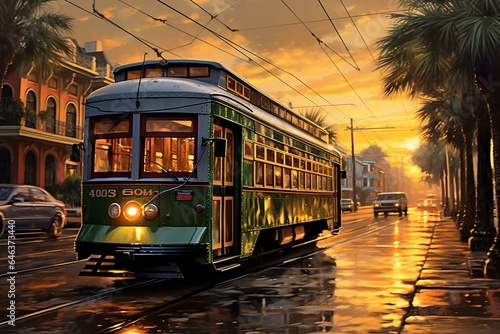Transportation scene in vibrant New Orleans, Louisiana. Generative AI