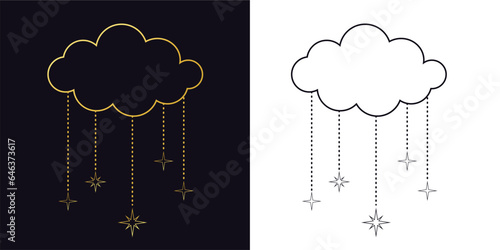 vector line art illustration of a cloud with stars. golden metallic shiny glitter cloud with stars icons on white black background. numerology, astrology, horoscope, tarot, magic, sorcery, palmistry