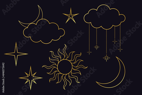set of line art illustrations of moon, stars and sun. golden shiny moon, stars and sun. astrology, magic, palmistry, numerology, horoscope, tarot set. mysterious halloween fortune teller set