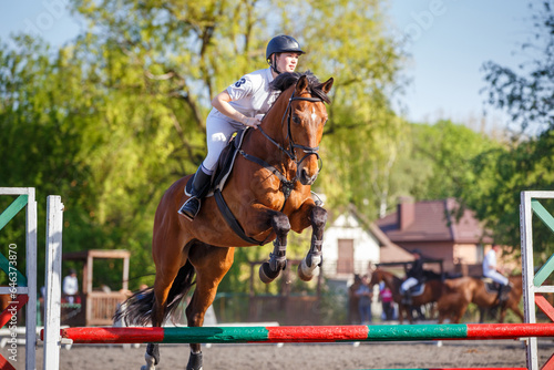 Young rider horseback woman jumping over the hurdle in showjumping competition © skumer
