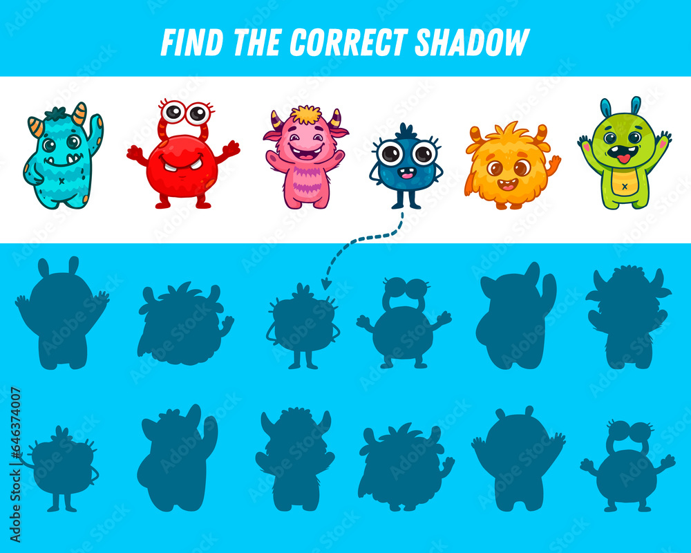 Obraz premium Find correct shadow of monsters. Educational logical game for kids. Cartoon monster. 