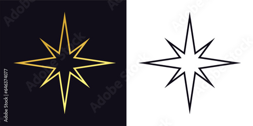 line art illustration of polar star  golden shiny vector star. balck and white star. star icon. altair star. sky compass  element