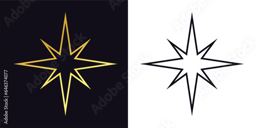line art illustration of polar star, golden shiny vector star. balck and white star. star icon. altair star. sky compass  element