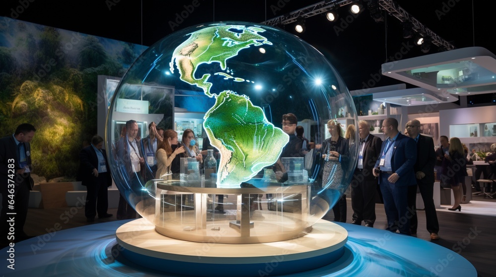 Craft an image of a glass globe integrated into a bustling energy trade show, with exhibitors showcasing the latest innovations in sustainable energy solutions Craft an image of a glass globe integrated into a bustling energy trade show, with exhibitors showcasing the latest innovations in sustainable energy solutions