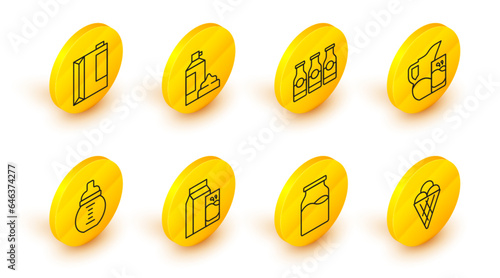 Set line Ice cream in waffle cone, Bottle with milk, Paper package for kefir, Baby bottle, Milk jug pitcher and glass, Whipped and icon. Vector