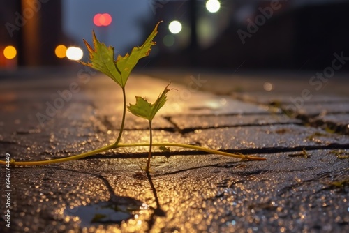 dandelion growth in pavement crack, night street lights
