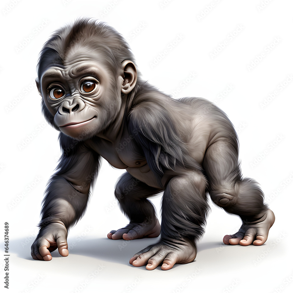 cute gorilla baby walking, isolated in white background, generative ai