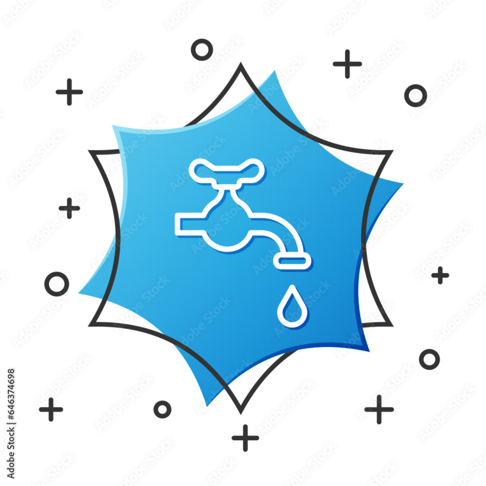 White line Water tap with a falling water drop icon isolated on white background. Blue hexagon button. Vector White line Water tap with a falling water drop icon isolated on white background. Blue hexagon button. Vector