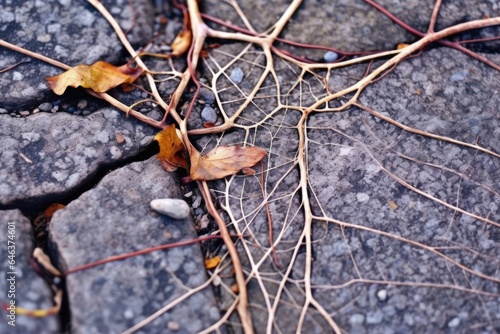 macro shot of dandelion roots spreading under the pavement © altitudevisual