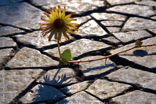 sunlit dandelion in cracked pavement with shadows