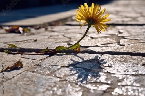 sunlit dandelion in cracked pavement with shadows