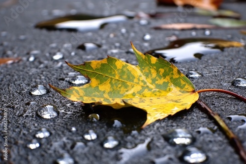 raindrops on dandelion leaves in pavement crack