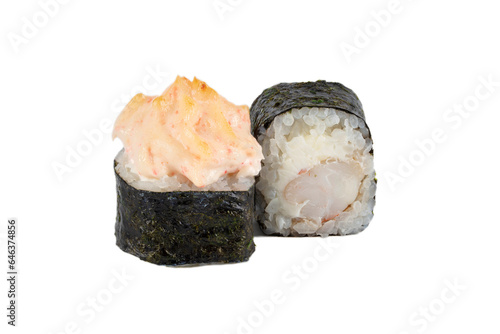 Sushi closeup isolated on white background. Sushi baked with seaweed nori with eel rice and Philadelphia cheese.