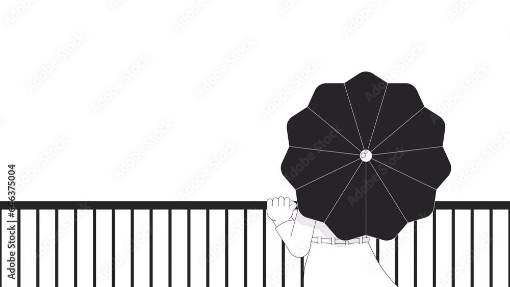 Animated Railing Umbrella woman on terrace bw outline 2D character animation. Autumn ...