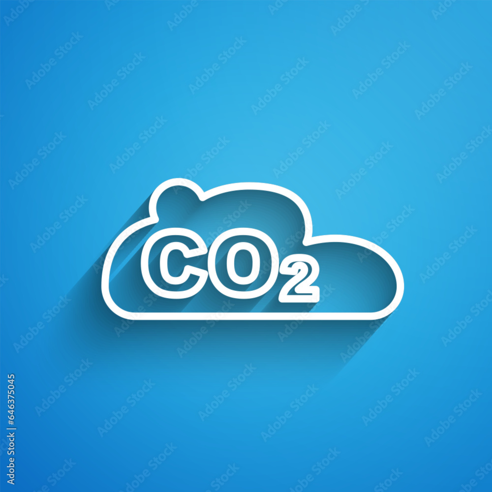 White line CO2 emissions in cloud icon isolated on blue background. Carbon dioxide formula, smog pollution concept, environment concept. Long shadow. Vector White line CO2 emissions in cloud icon isolated on blue background. Carbon dioxide formula, smog pollution concept, environment concept. Long shadow. Vector