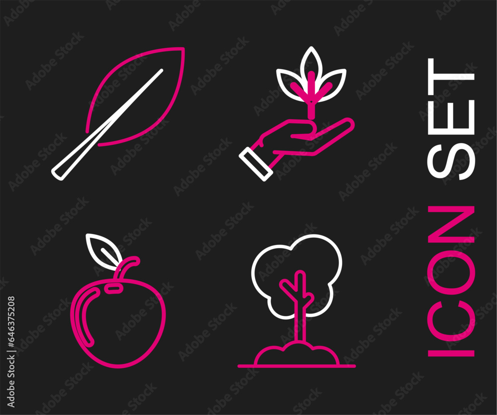 Set line Tree in the ground, Apple, Plant hand of environmental protection and Leaf icon. Vector Set line Tree in the ground, Apple, Plant hand of environmental protection and Leaf icon. Vector