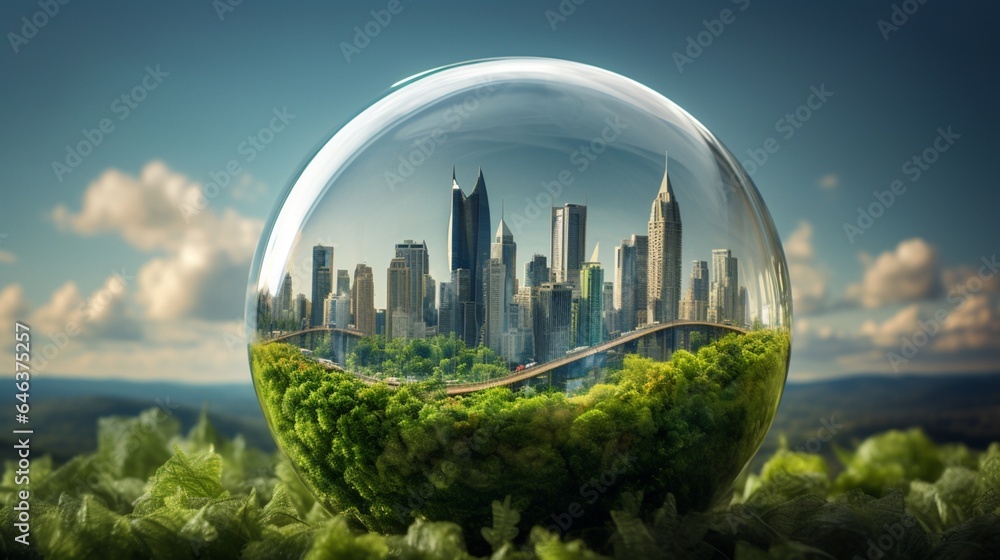 Image showcasing Craft an image of a glass globe surrounded by towering skyscrapers ...