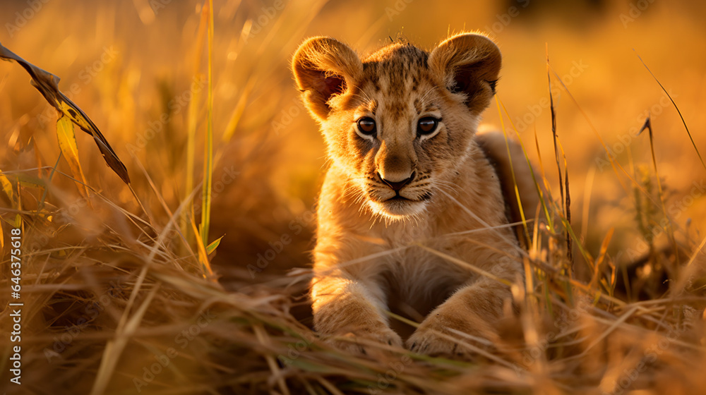 Obraz premium Playful Tiger Cub in Savanna Grassland