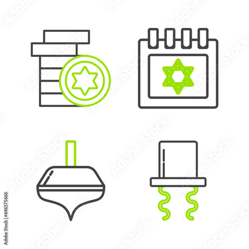 Set line Orthodox jewish hat with sidelocks, Hanukkah dreidel, Jewish calendar star of david and coin icon. Vector