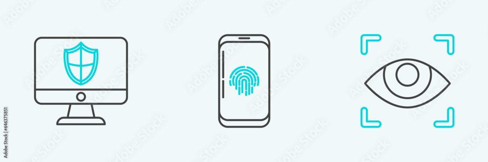 Set line Eye scan, Computer monitor and shield and Smartphone with fingerprint scanner icon. Vector Set line Eye scan, Computer monitor and shield and Smartphone with fingerprint scanner icon. Vector