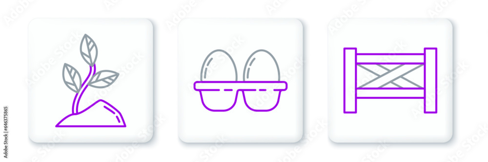 Set line Garden fence wooden, Sprout and Chicken egg in box icon. Vector Set line Garden fence wooden, Sprout and Chicken egg in box icon. Vector