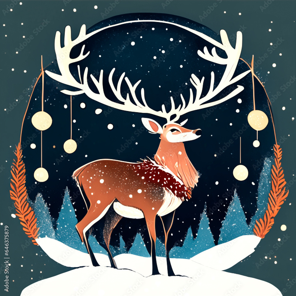 Christmas greeting card with deer and snowflakes.