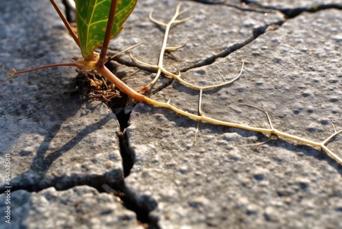 macro shot of dandelion roots within pavement crack