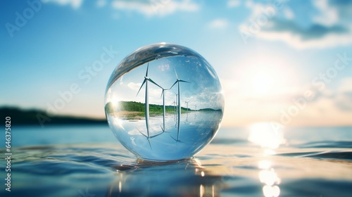 Create a captivating image of a glass globe emerging from a crystal-clear lake, mirroring the surrounding wind turbines, illustrating the harmony of water and wind energy