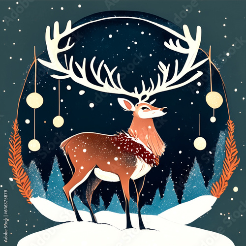 Christmas greeting card with deer and snowflakes. © wannasak