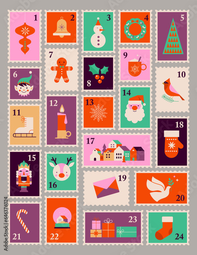 Advent Calendar, Merry Christmas poster, printable template with Xmas elements in modern minimalist style
