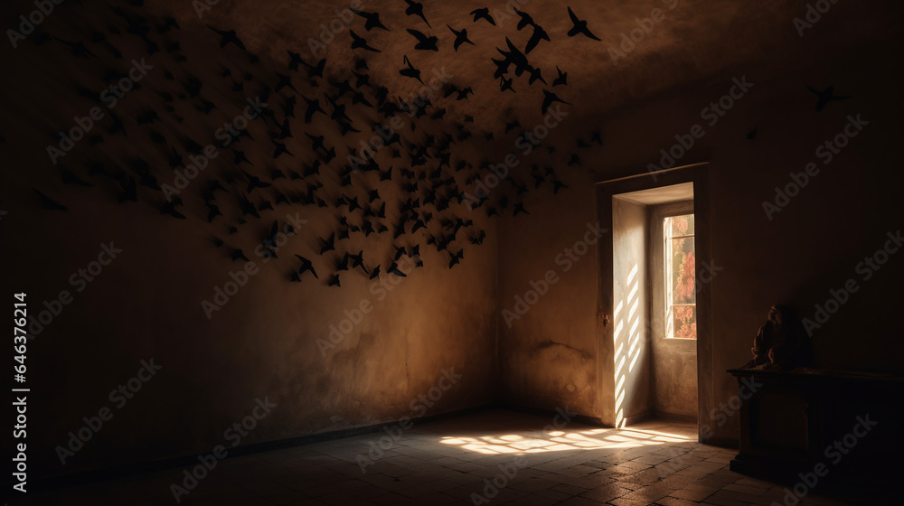 Eerie Abandoned Room with Sunlit Doorway and Swarm of Bats