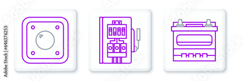 Set line Car battery, Electric light switch and Electrical panel icon. Vector