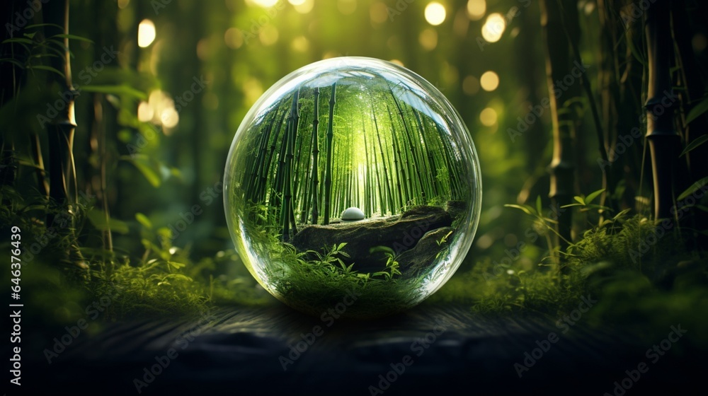 Create an enchanting photograph of a glass globe amidst a dense bamboo