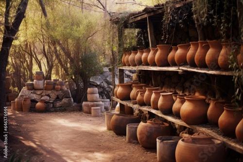 drying clay pots in a rustic outdoor setting