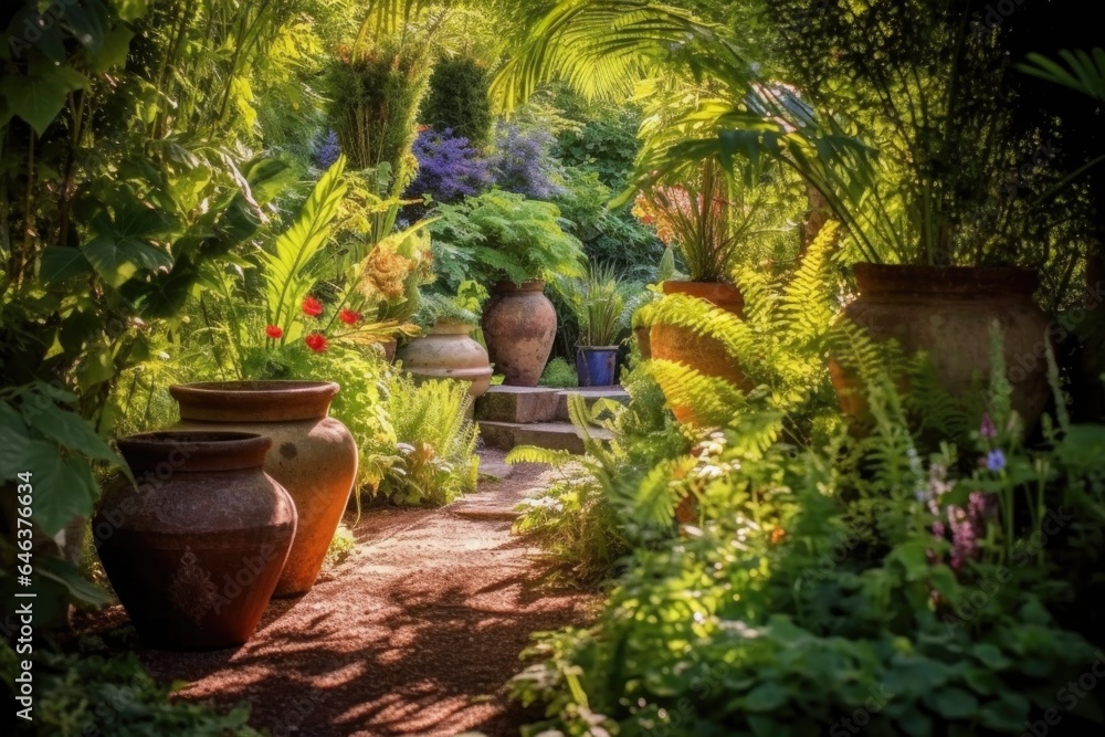 sunlit clay pots amid vibrant greenery in a garden