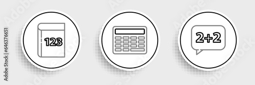 Set line Equation solution, Book with word mathematics and Calculator icon. Vector