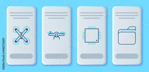 Set line Drone flying, Processor with microcircuits CPU, and Document folder icon. Vector