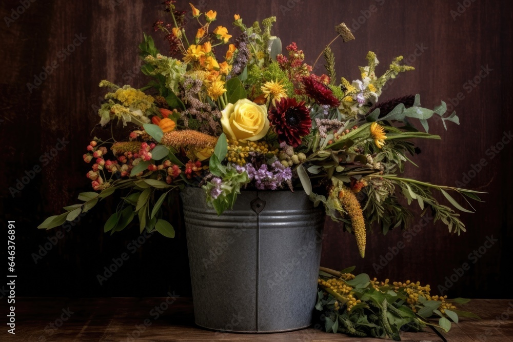 galvanized bucket with fall flowers and foliage