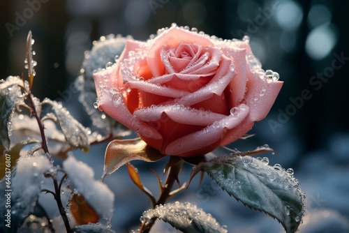 A frozen red rose, surrounded by snow, creates a magical, romantic backdrop