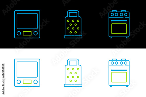 Set line Oven, Electronic scales and Grater icon. Vector
