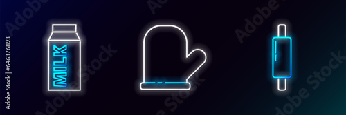 Set line Rolling pin, Paper package for milk and Oven glove icon. Glowing neon. Vector