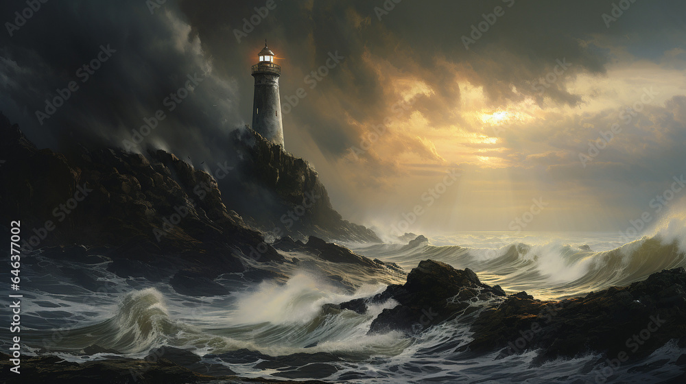 Stormy Seascape with Lighthouse