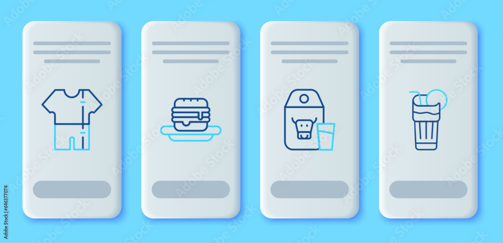 Set line Junk food, Paper package for milk, Sport track suit and Fresh smoothie icon. Vector