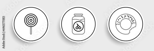 Set line Donut, Lollipop and Cherry jam jar icon. Vector